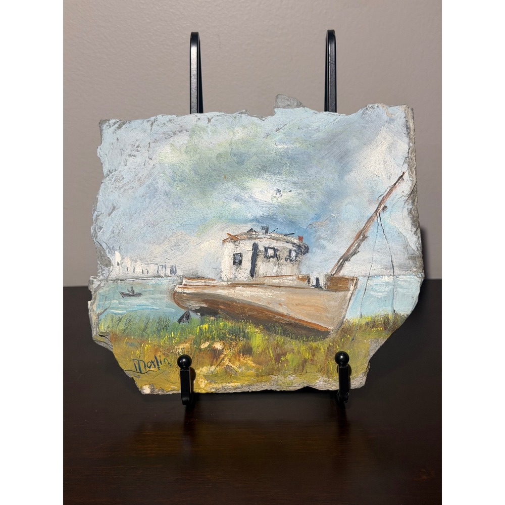 Vintage Signed Hand Painted SEA Slate Stone Nautical Boat Coastal Wall Decor